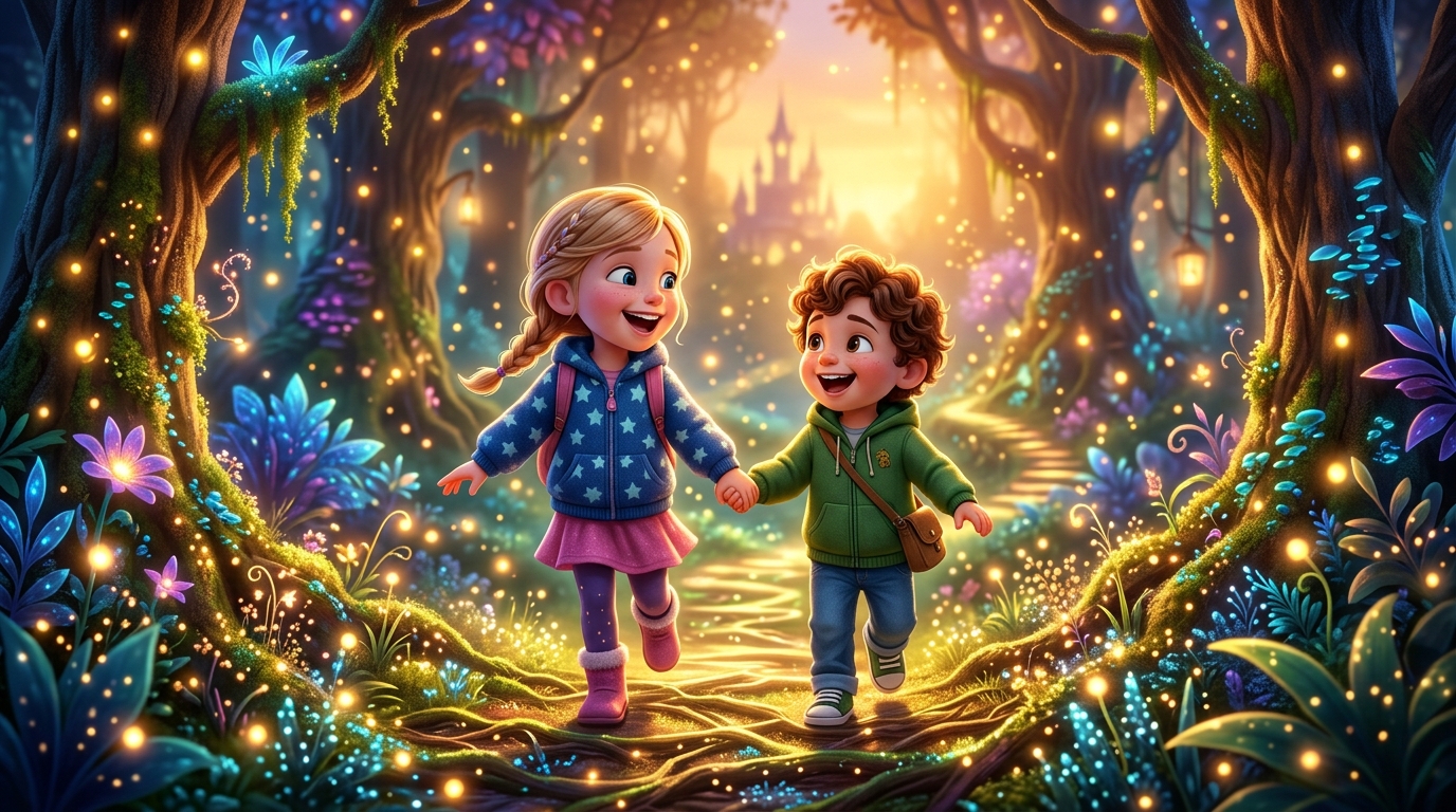 Deux enfants héros ensemble dans la même aventure magique — toute la famille dans l'histoire